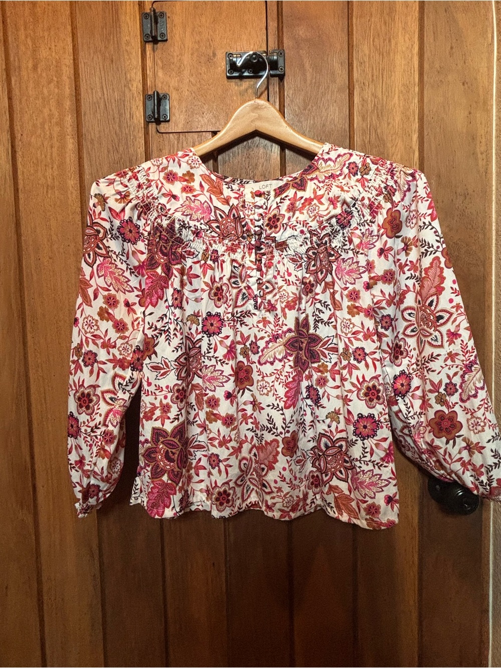 LOFT Pink and Cream Floral Smocked Yoke Blouse